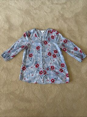 J. Jill Powder Blue Floral Button-Front Blouse with Red Accents